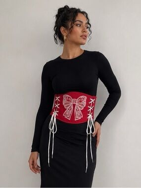Red Lace-Up Corset Waist Belt with White Bow Embroidery
